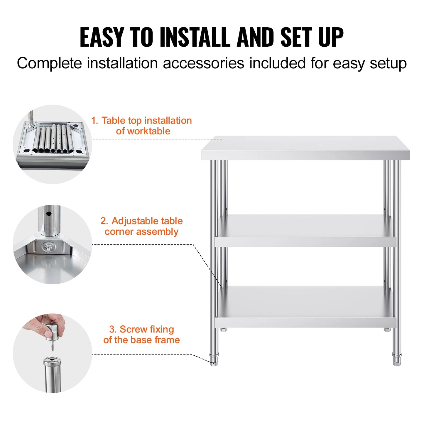 SucceBuy Stainless Steel Food Prep Table Commercial Kitchen Worktable with 2 Adjustable Undershelf for BBQ Kitchen Garage