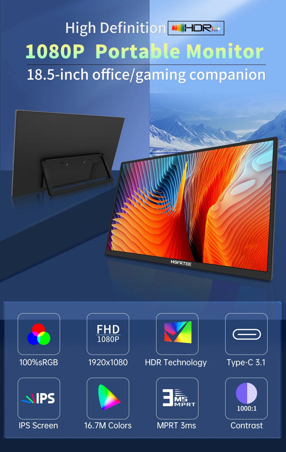 Portable Monitor 18.5 Inch Computer Gaming Display 100Hz 100% sRGB FHD 1080P Screen for Laptop Holiday Gift PC PS4/PS5
