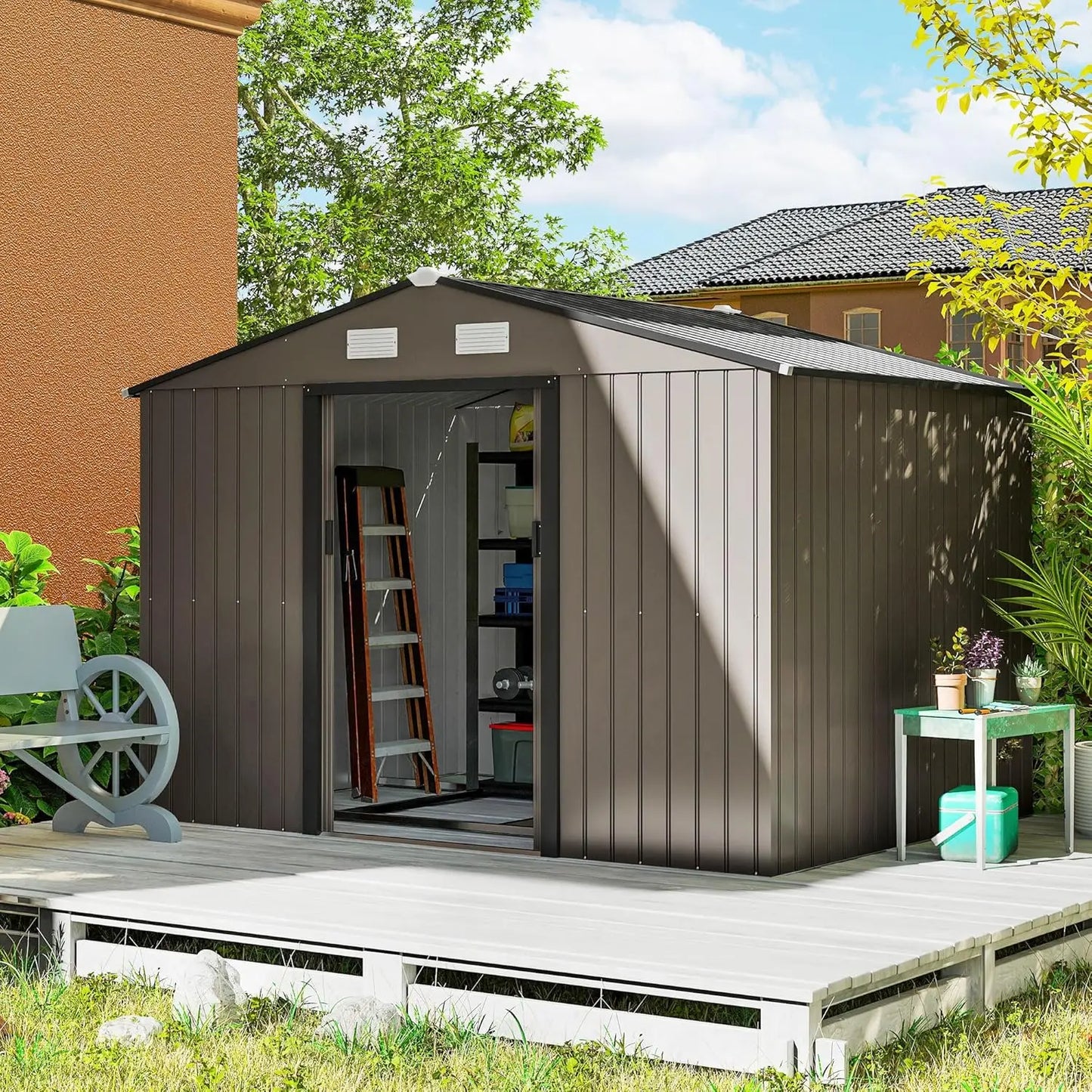 9x6ft Metal Outdoor Storage Shed Tool House Double Lockable Door Air Vents Sloping Roof Backyard Patio Lawn Customized