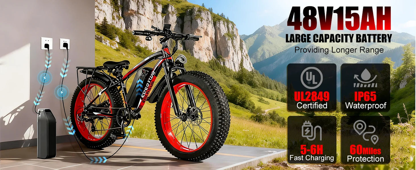 1500W Fat Tire Electric Bike for Adults 26"x4.0 All Terrain Ebike 34MPH Fast Mountain E-Bike 48V Long Range Snow Beach Bicycle
