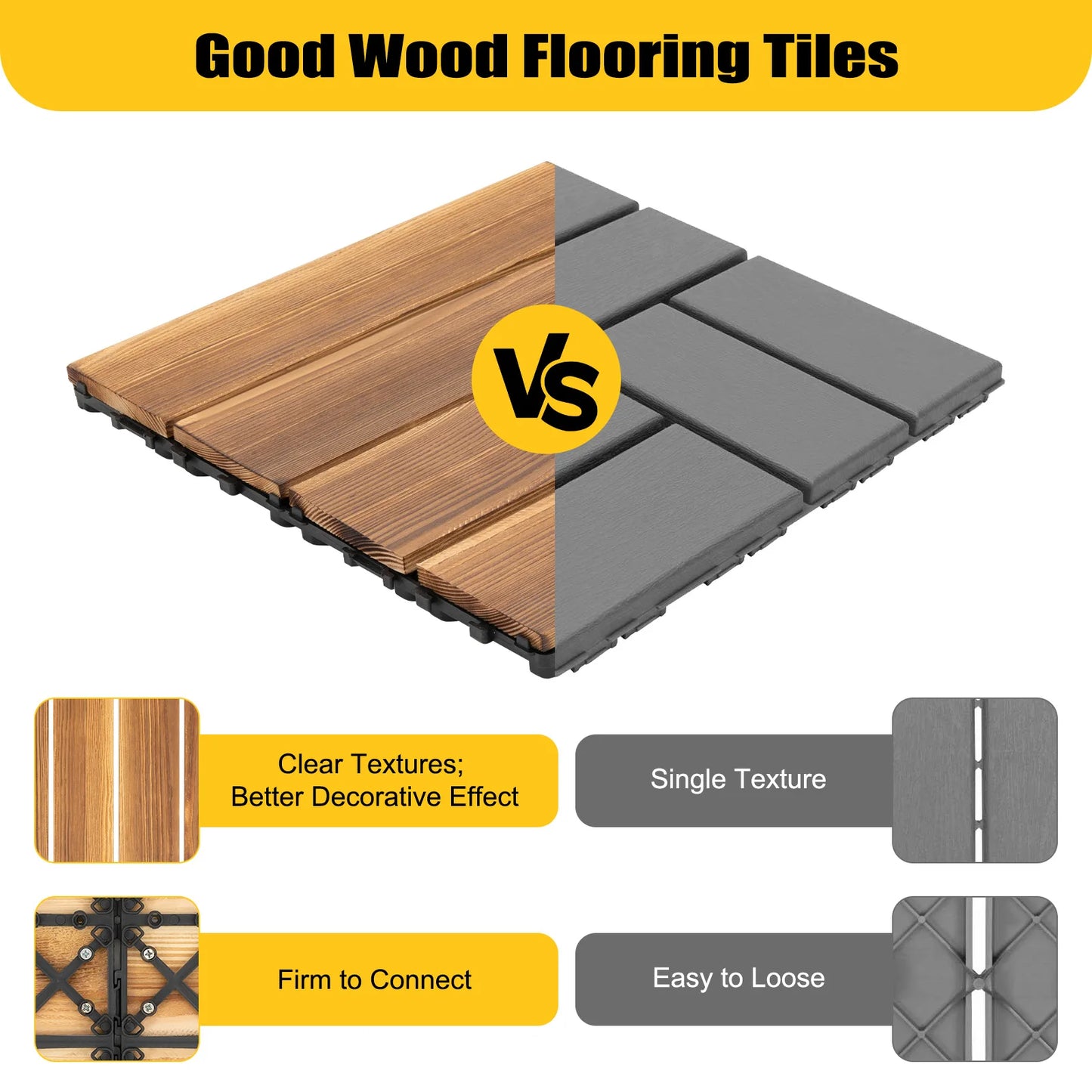 36 PCS 12"x12" Solid Wood Floor Tile Non-slip Waterproof Hardwood Interlocking Deck Tiles Garden Balcony Outdoor Flooring Decor