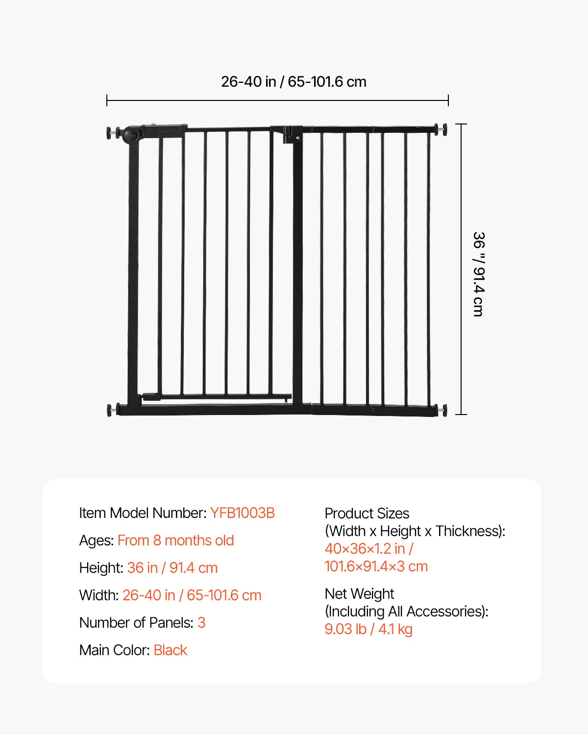 Baby Gate 28/30/36 Inches High Dog Gate Easy Step Walk Thru Child Pet Security Pressure Mount Kit Wall Cups Doorways