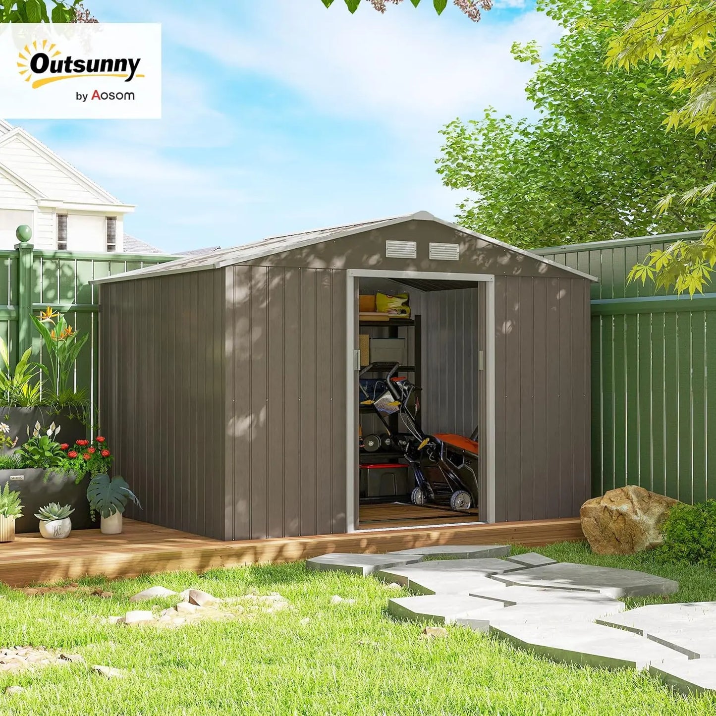 9x6ft Metal Outdoor Storage Shed Tool House Double Lockable Door Air Vents Sloping Roof Backyard Patio Lawn Customized