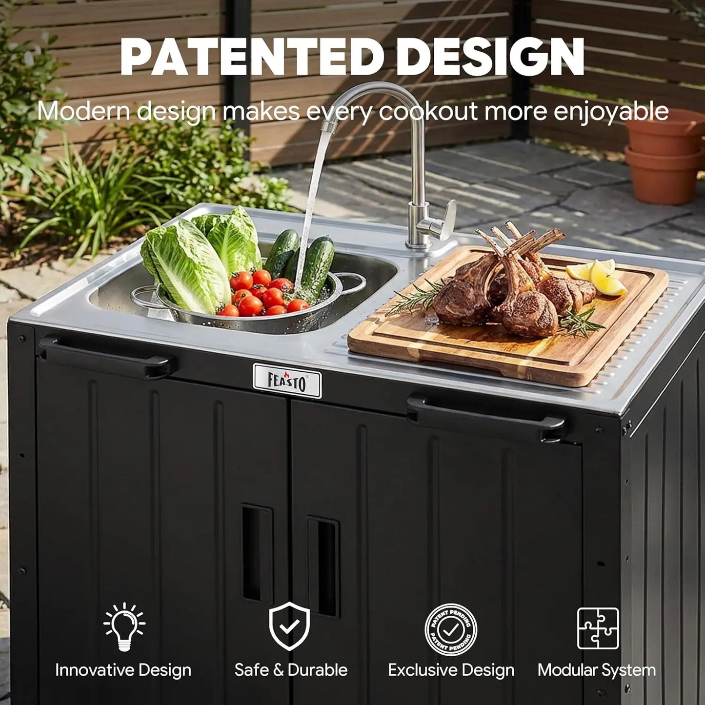 Outdoor Kitchen Island with Stainless Steel Sink and Storage Cabinet, 35-Inch BBQ Prep Station with Faucet & Lockable Wheels for
