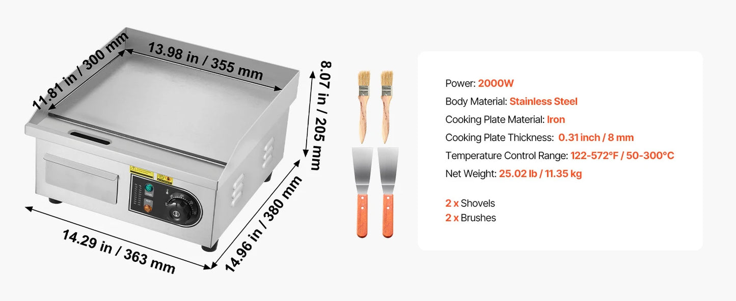 Commercial Electric Griddle 50-300°C Adjustable Temp Control, Stainless Steel Countertop Flat Top Grill for Steak Panc