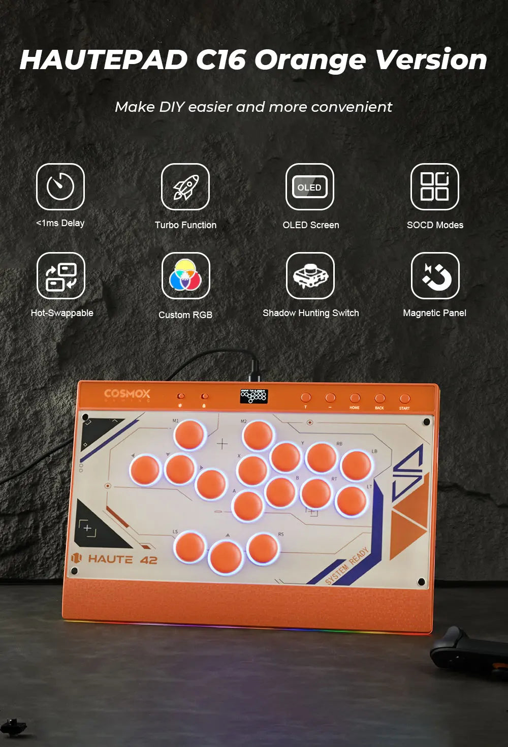 New C16 Orange Magnetic Stickless Arcade Stick Leverless Hitbox Controller for For PC/PS4/PS5/Switch Leverless Stick