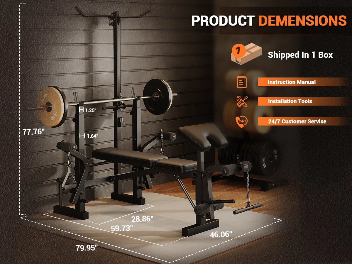 Adjustable 4-in-1 Weight Bench Set with Leg Developer Barbell Rack Butterfly Arm Preacher, Foldable Workout Bench for Home Gym