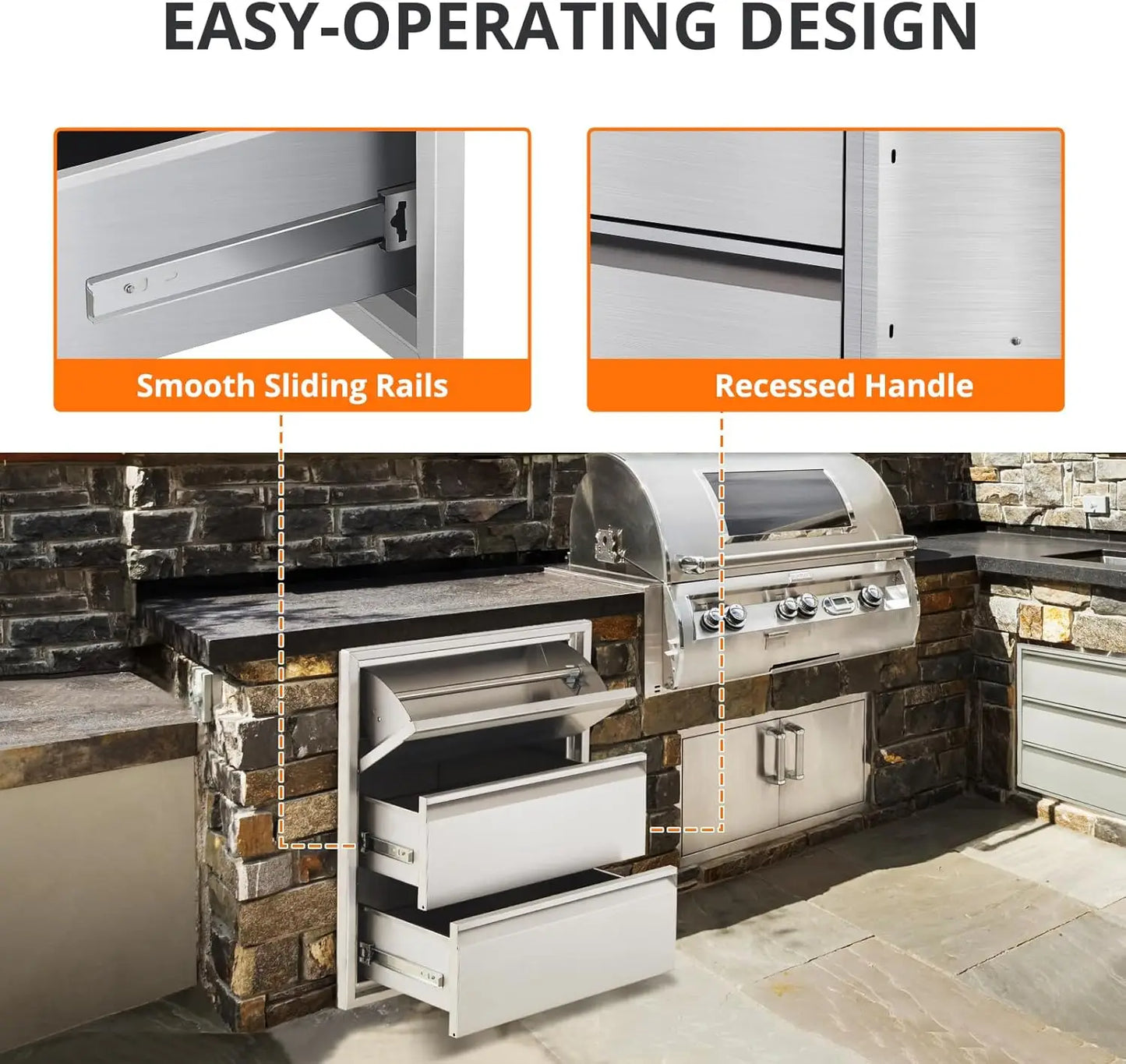 Outdoor Kitchen Drawers with Paper Towel Holder, Stainless Steel Outdoor Kitchen Drawers, 3-Layer Flush Mount BBQ Drawers