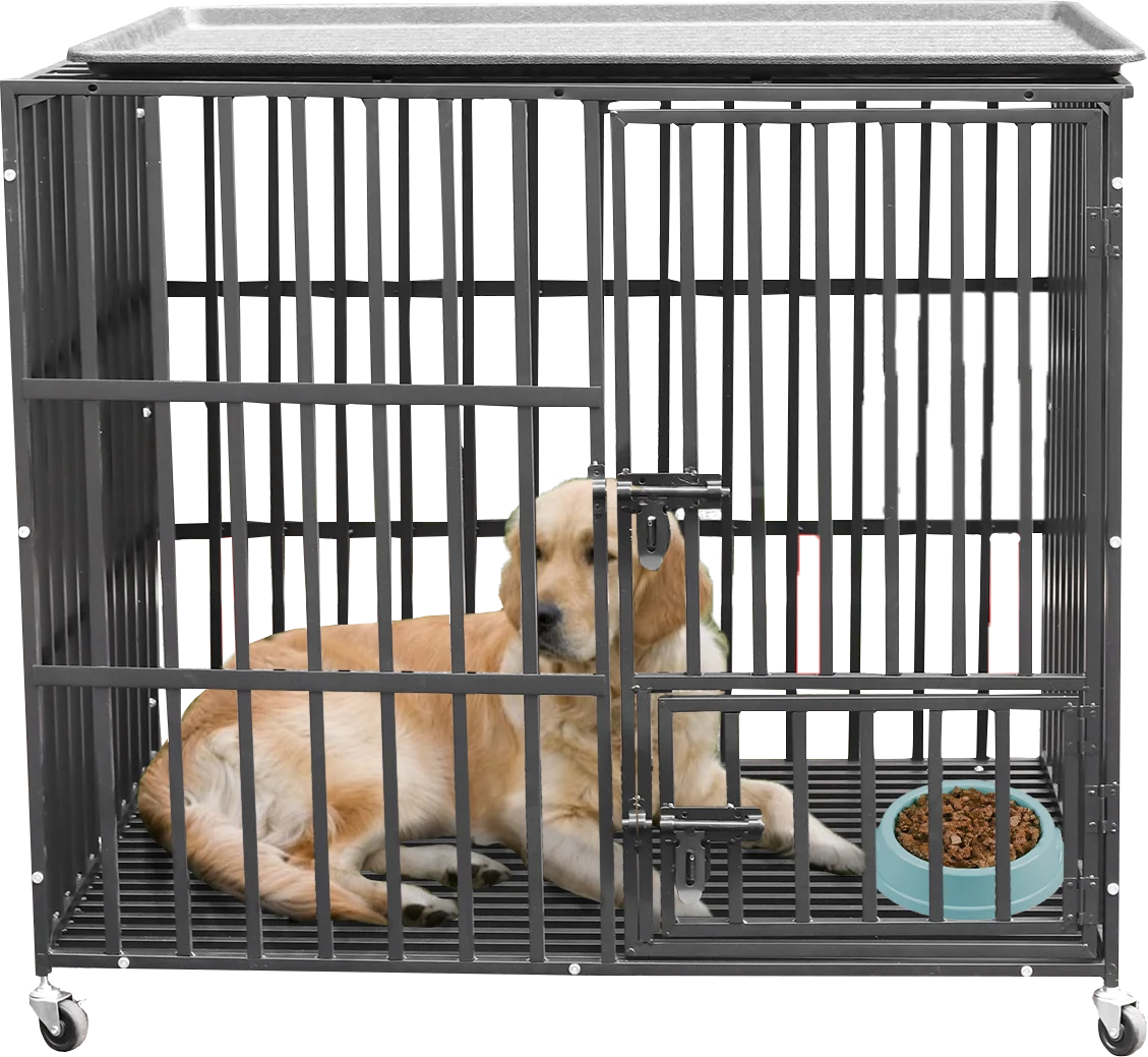 37” 42” 46” Heavy Duty Dog Cage Metal Pet Dog Crate 3 Doors Locks Design Kennel Playpen with 4 Wheels Removable Tray