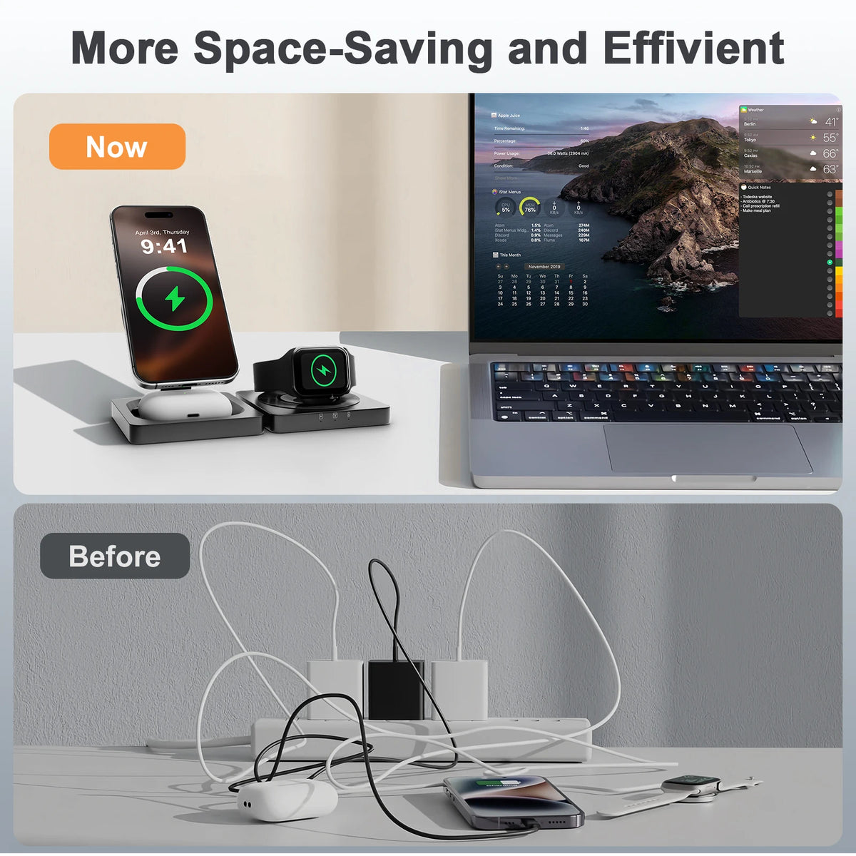 Magnetic Wireless Charger 3-in-1 Folding Fast Charging Station Foldable Travel for Magsafe  iPhone 17/16/15/14/13 Watch Airpods