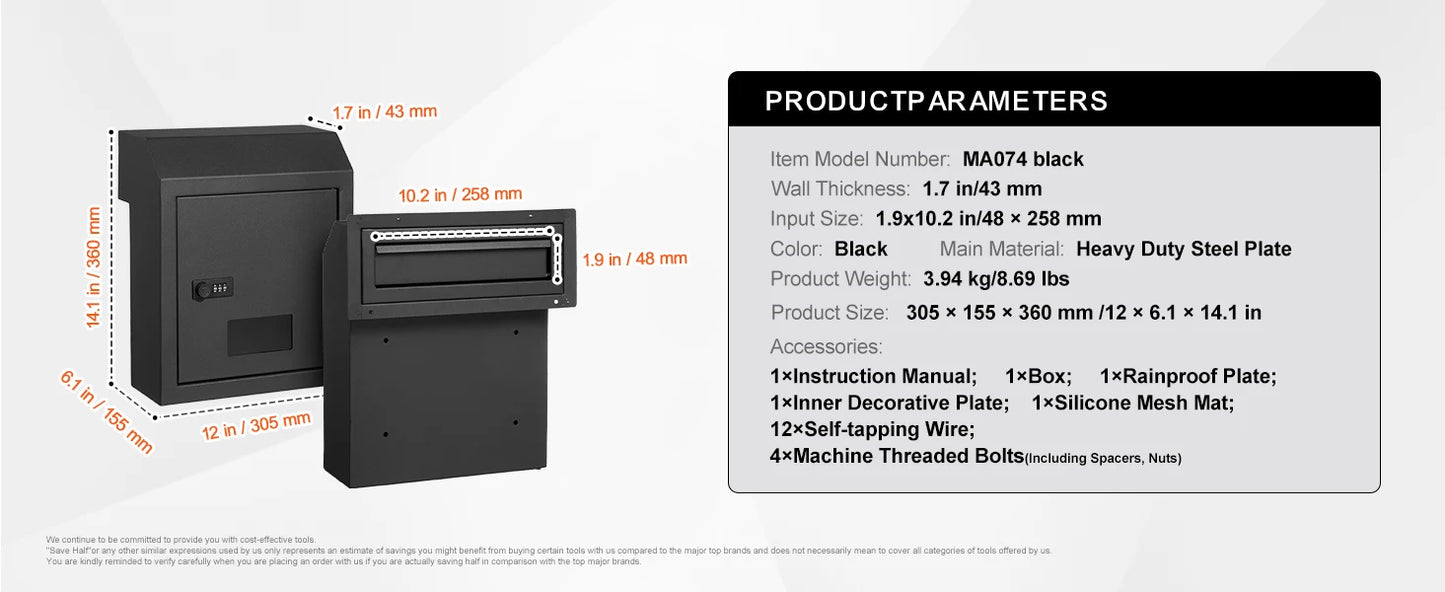 SucceBuy Through The Door Key Drop Box Heavy Duty Steel Plate Through the Door Mailbox with 12" Combination Lock Mail Drop Box