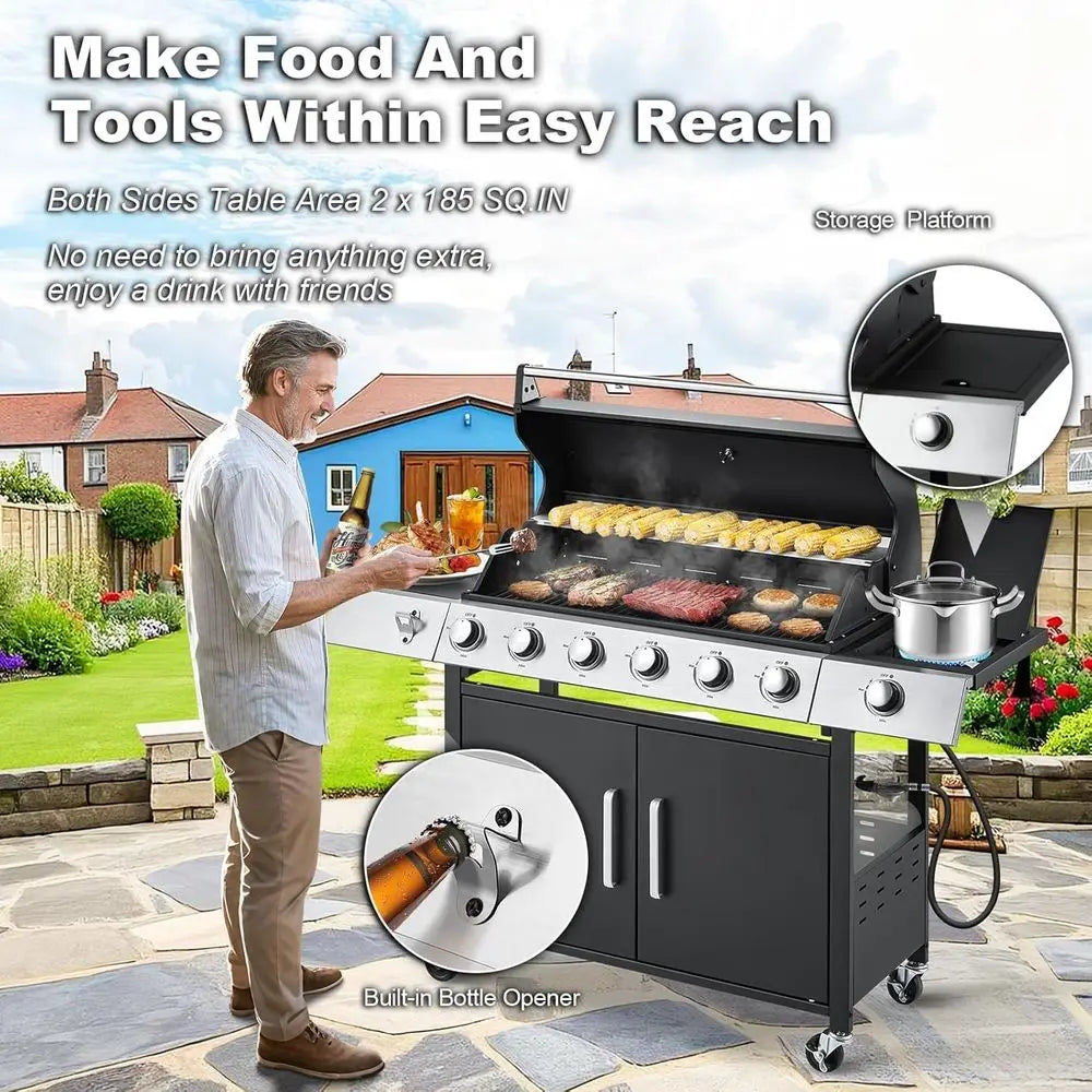 Upgraded 60,000 BTU Stainless Steel Burner Barbecue Grill, 6 Burner BBQ Propane Gas Grill with Side Stove & Cast Iron Grates for