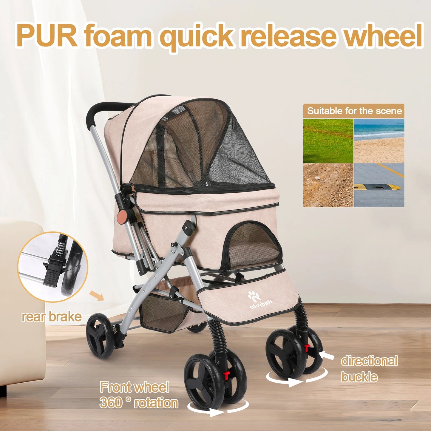 Foldable Cat Dog Stroller  Detachable  Easy Assembly Pet Travel Carrier W/Shock Absorption Folding Resistant to dirt