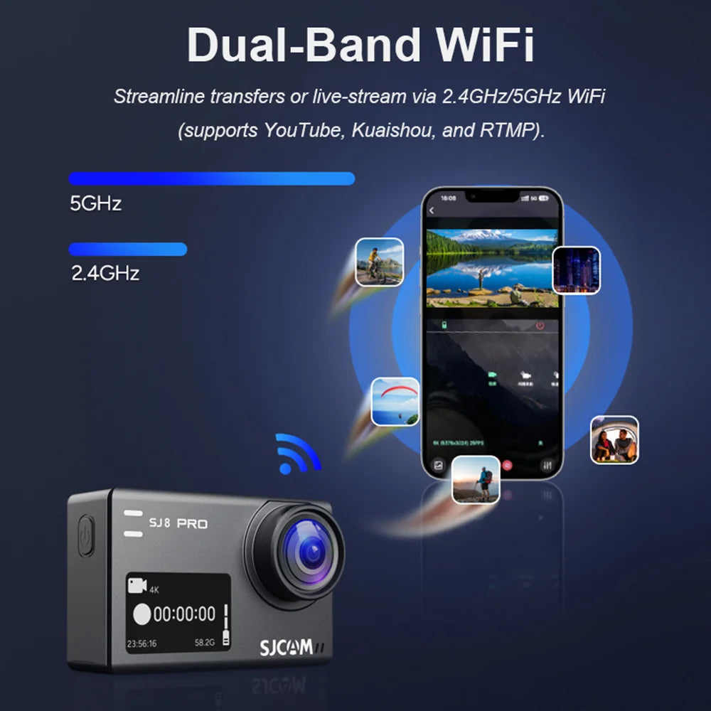 SJCAM SJ8 Pro Action Camera Set 4K 12MP WiFi Dash Cam for YouTube Live Streamin Remote Control Watch Dual Battery Version HUD