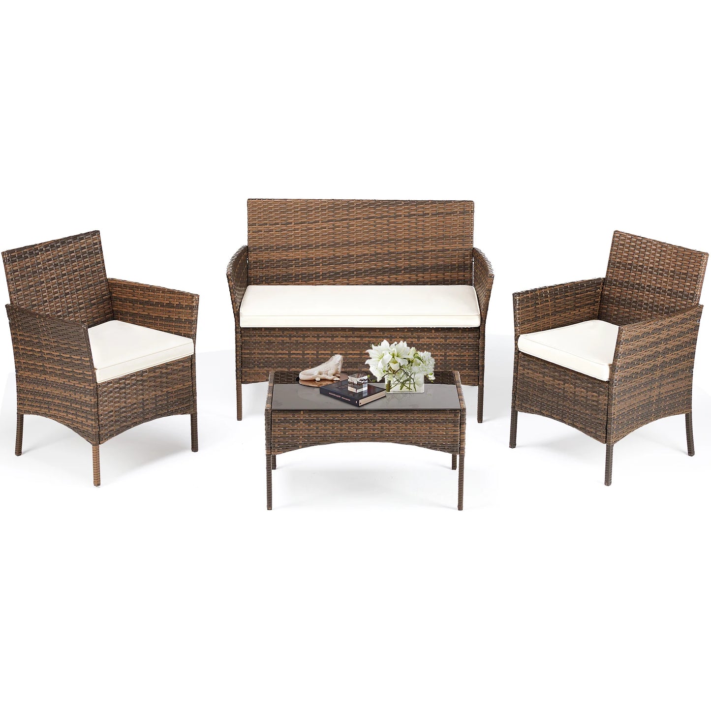 JHK 4 Piece Outdoor Patio Furniture Set with Soft Cushion and Glass Table Manual Weaving Wicker Rattan Patio Chairs For Garden