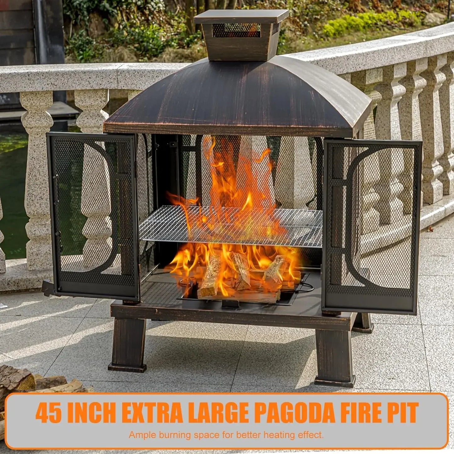 45" H×31''W Metal Chiminea Fire Pit with Grill, Wood Burning Fire Pits for Outside,Square Chimineas Fireplace with Mesh Spark Sc