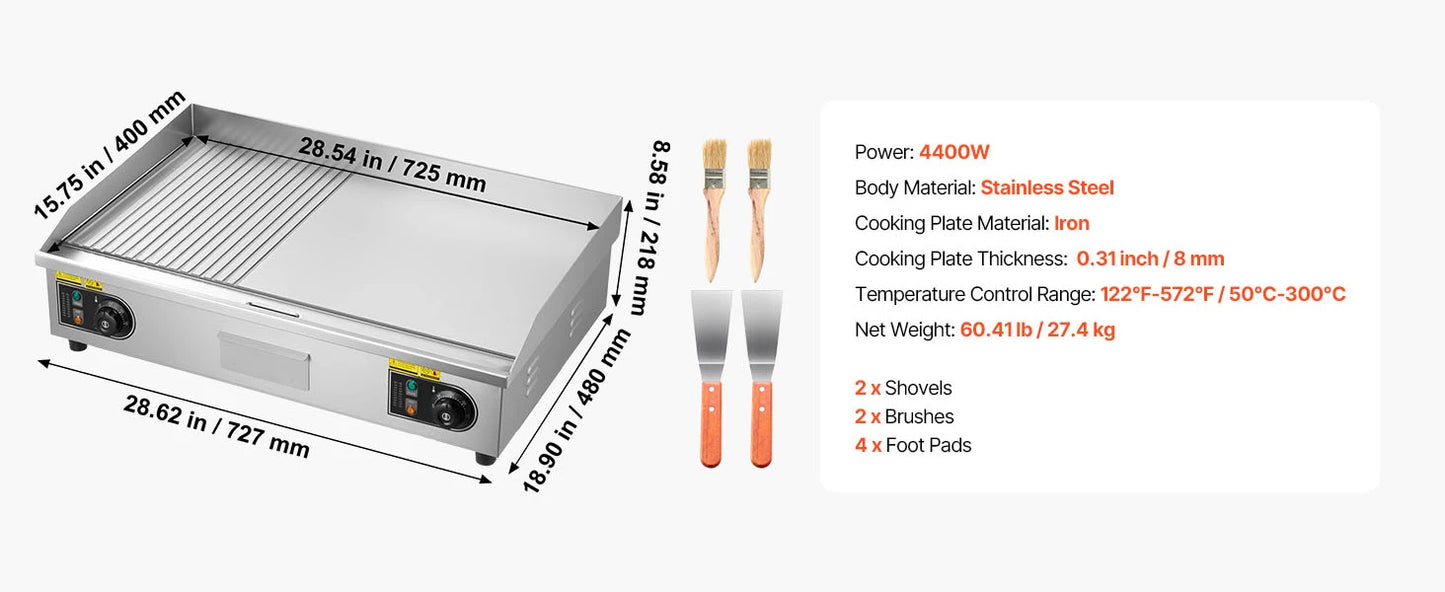Commercial Electric Griddle 50-300°C Adjustable Temp Control, Stainless Steel Countertop Flat Top Grill for Steak Panc