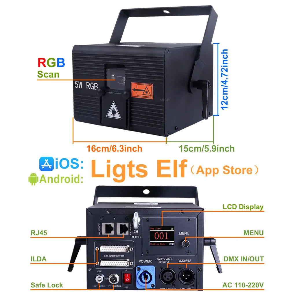 USA Warehouse 5W RGBW Animation Scan Projector Lights + Apple & Android App Control ILDA For Party Bars DJ Show Stage Lighting