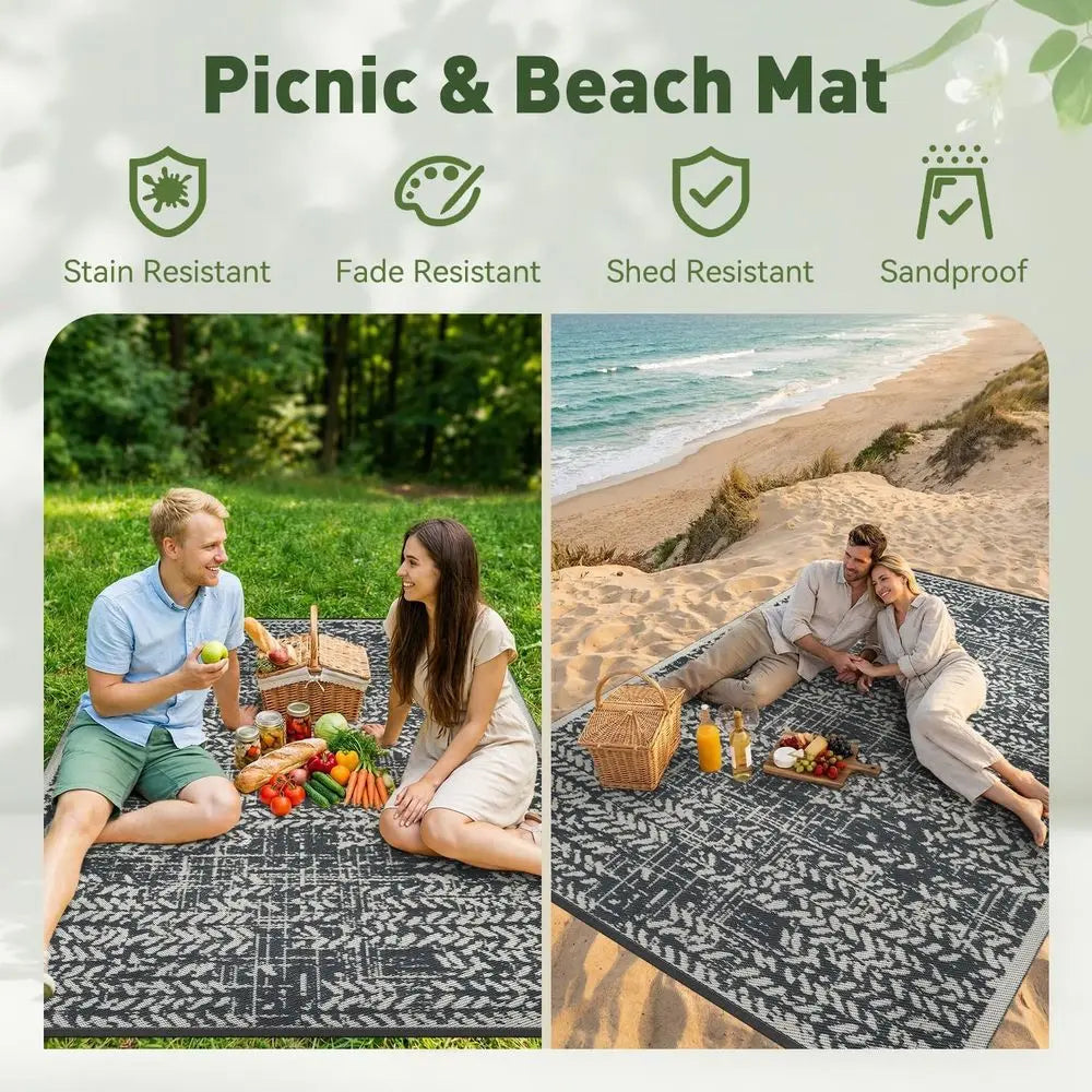 Waterproof Patio Rug Mat Outdoor RV Camping Picnic Beach Mat Plastic Straw Rugs Area Rugs for Balcony Deck Backyard Grey