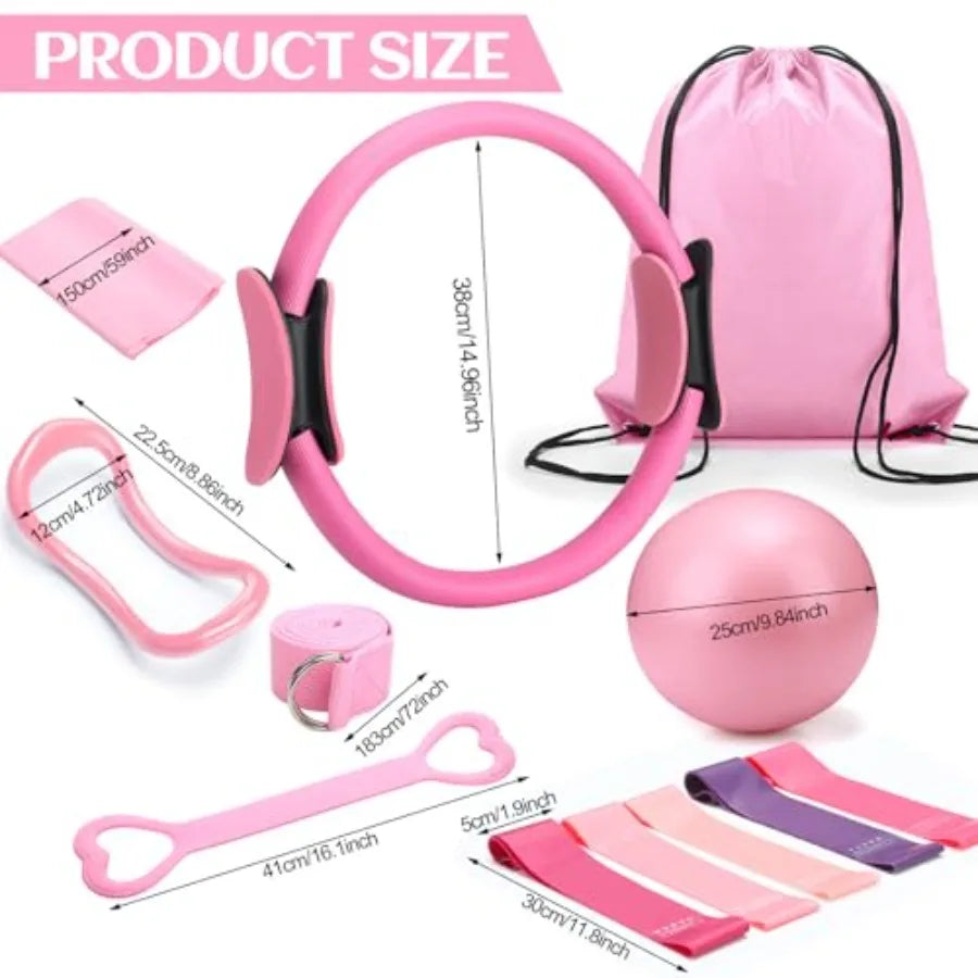 Set of 18 Pilates Ring Essential Kit for Women with Latex Tube Yoga Strap Ankle Resistance Band Arm Stretcher Socks Mat Gym Bac