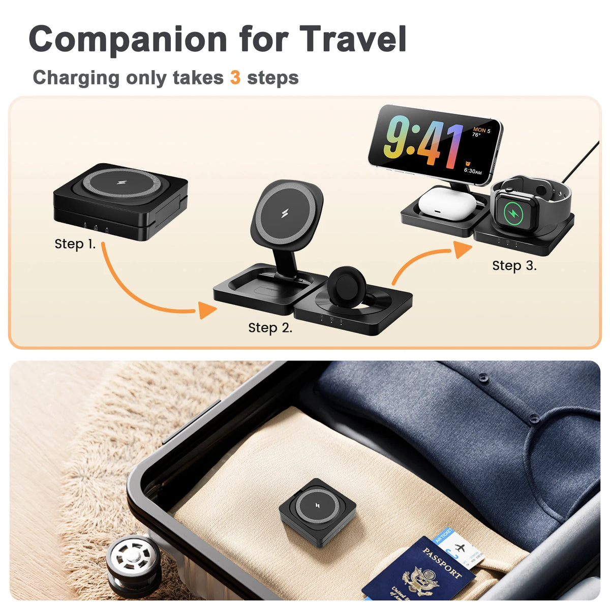 Magnetic Wireless Charger 3-in-1 Folding Fast Charging Station Foldable Travel for Magsafe  iPhone 17/16/15/14/13 Watch Airpods