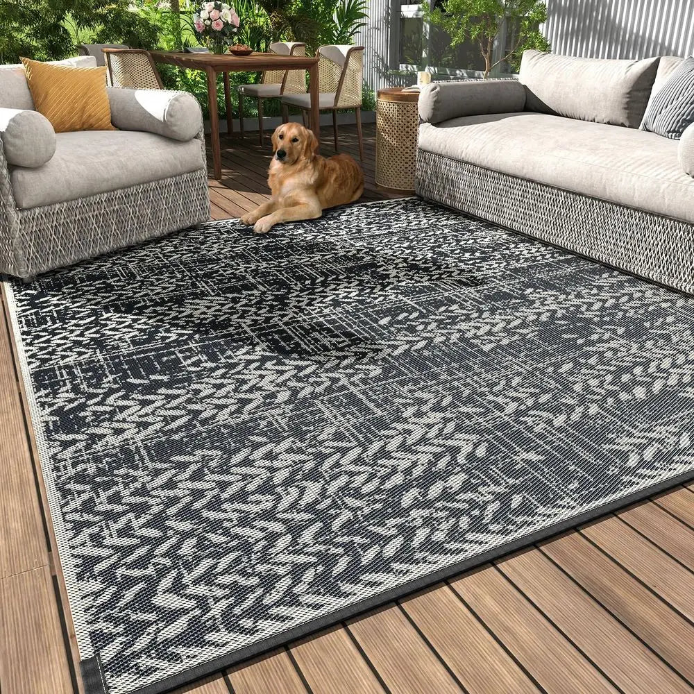 Waterproof Patio Rug Mat Outdoor RV Camping Picnic Beach Mat Plastic Straw Rugs Area Rugs for Balcony Deck Backyard Grey