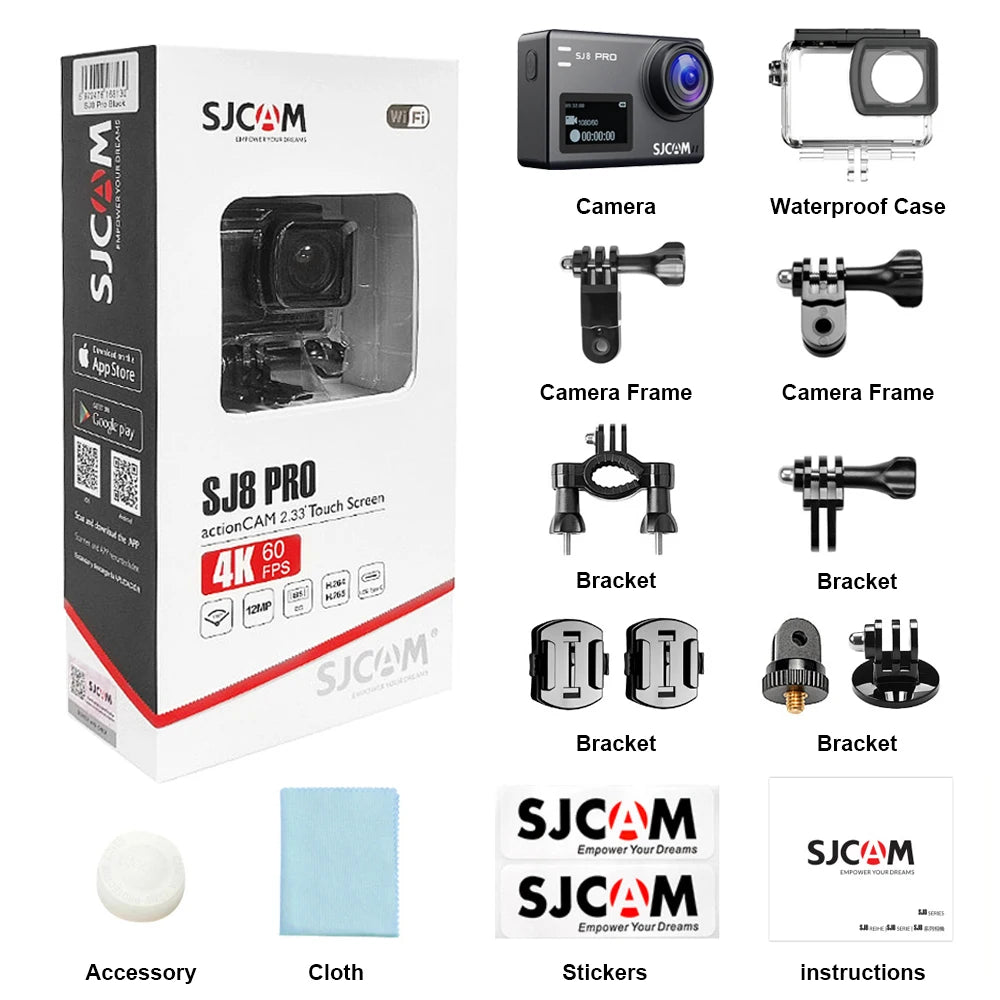 SJCAM SJ8 Pro Action Camera Set 4K 12MP WiFi Dash Cam for YouTube Live Streamin Remote Control Watch Dual Battery Version HUD