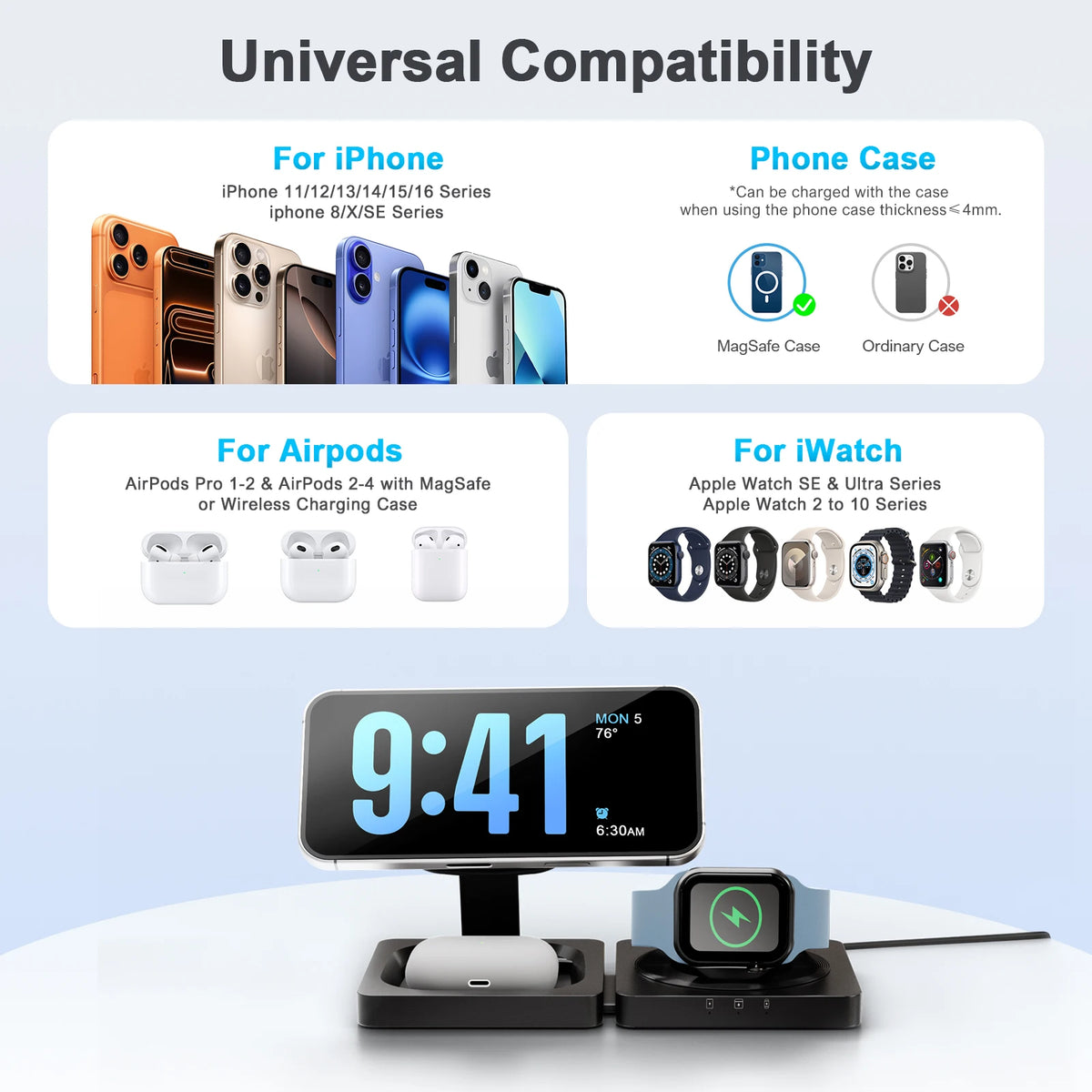 Magnetic Wireless Charger 3-in-1 Folding Fast Charging Station Foldable Travel for Magsafe  iPhone 17/16/15/14/13 Watch Airpods