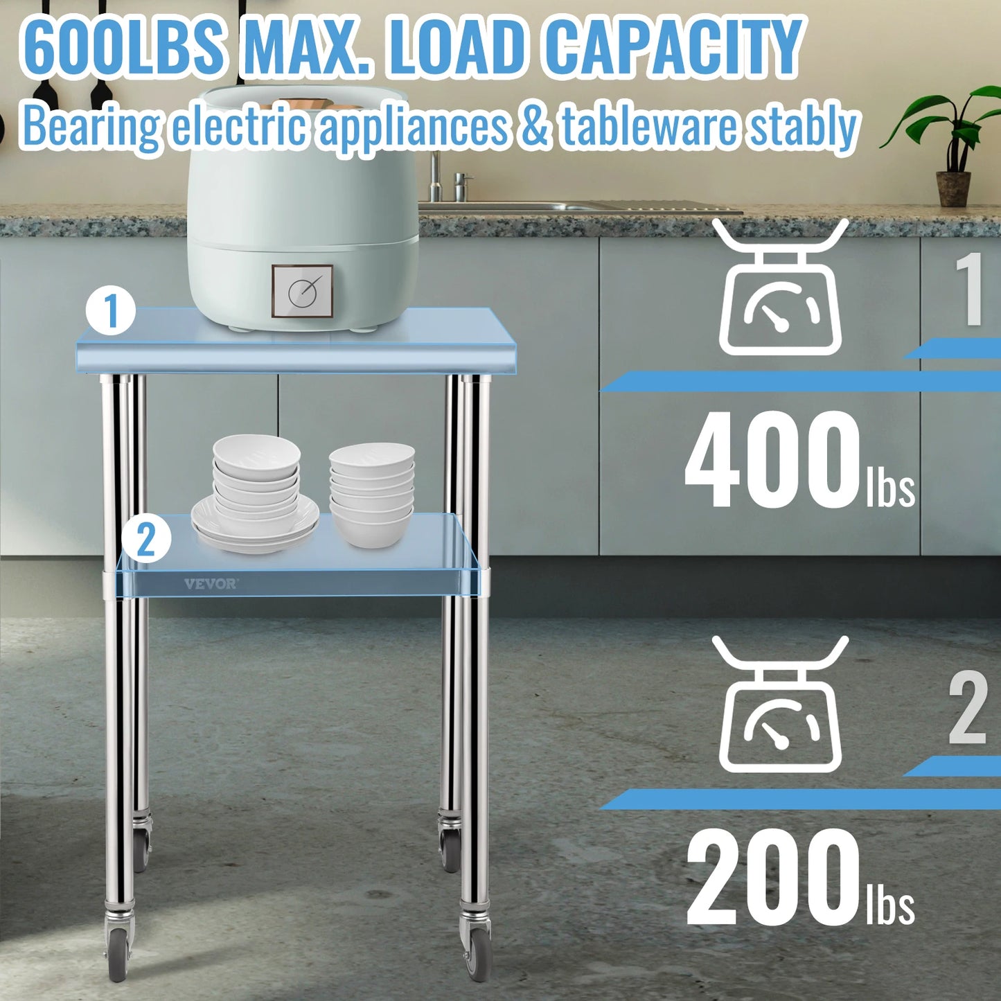 SucceBuy 24 x 24 in Stainless Steel Kitchen Worktable shelves Commercial Work Bench Table with Caster Wheels for Home Kitchen