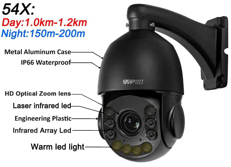 Onvif Metal Laser Infrared Full Color Auto Tracking Cruise 8MP 4K 54X Optics Zoom 360° POE PTZ Speed Dome Surveillance IP Camera
