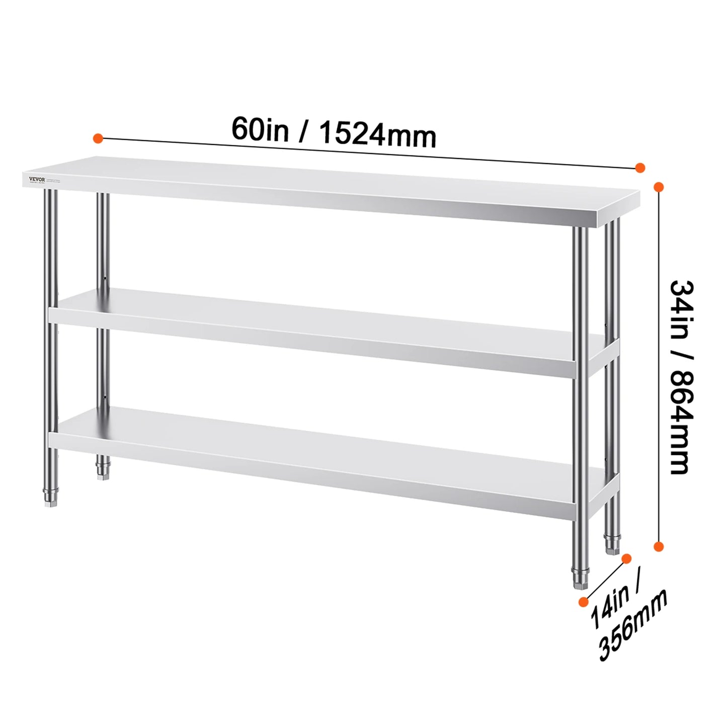 SucceBuy Stainless Steel Food Prep Table Commercial Kitchen Worktable with 2 Adjustable Undershelf for BBQ Kitchen Home Garage