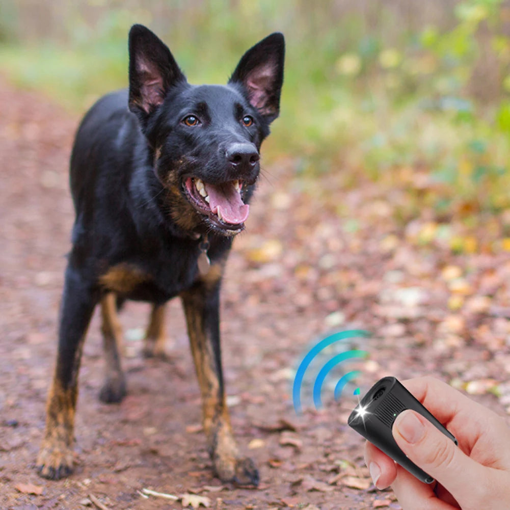 Ultrasonic Anti-Barking Device Long Range Rechargeable Pet Dog Repeller with LED Flashlight Dog Trainer Device for All Size Dogs