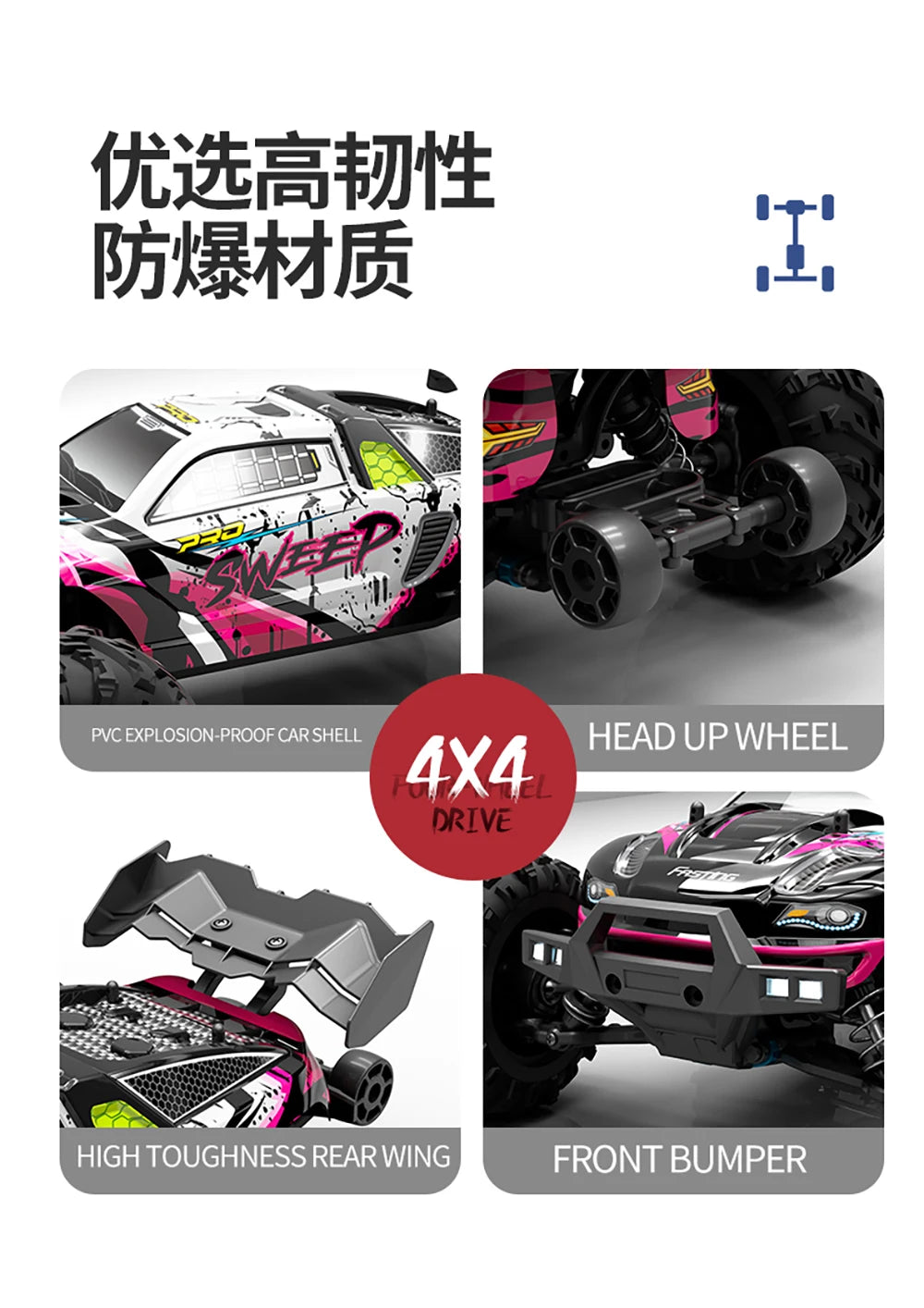 1:16 4WD RC Car 70KM/H Or 50KM/H With LED Light 2.4G Remote Control Cars High Speed Drift Monster 4x4 Truck for Children Gif