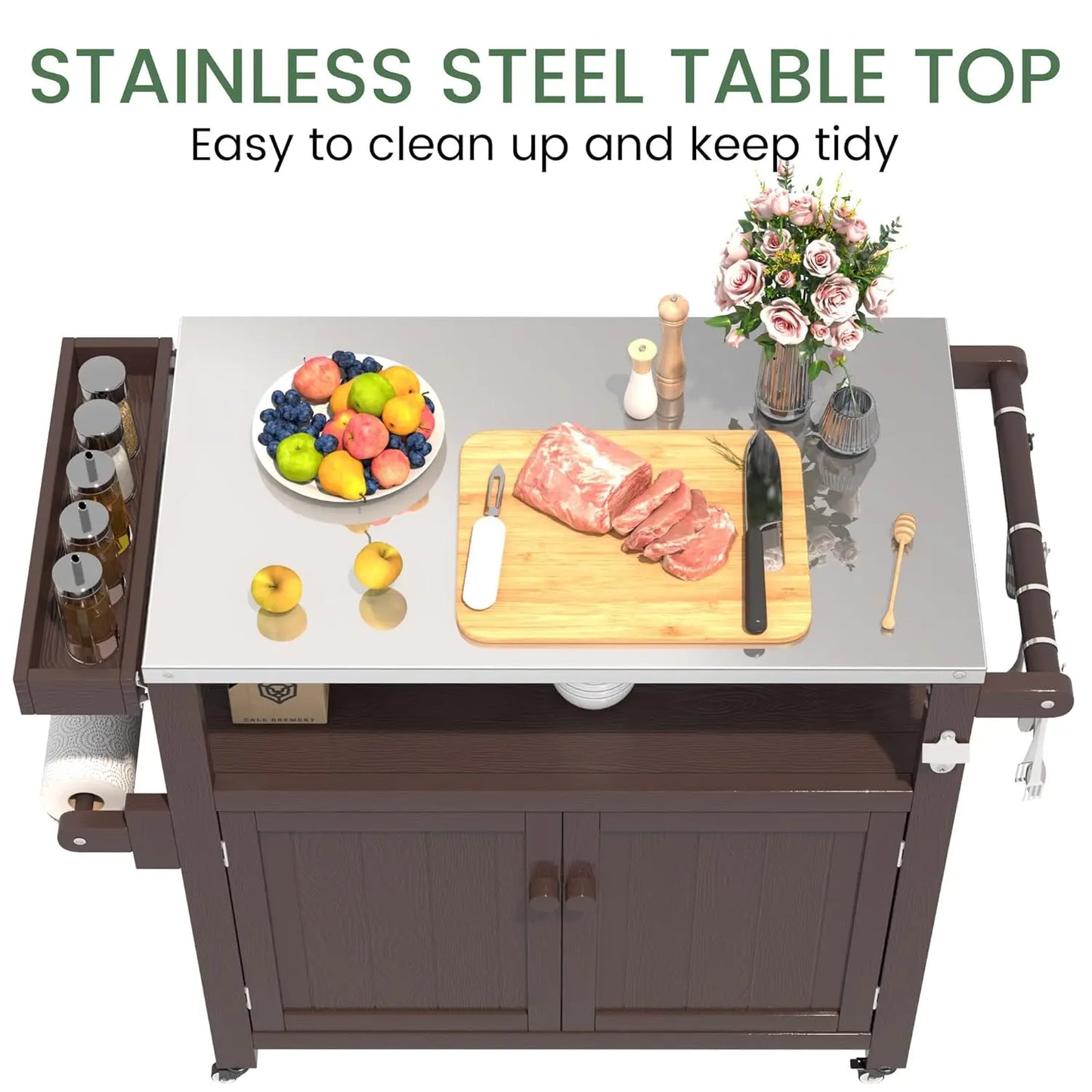 HIPS Outdoor Kitchen Island Stainless Top Cabinet Wheels BBQ Prep Brown, Customized