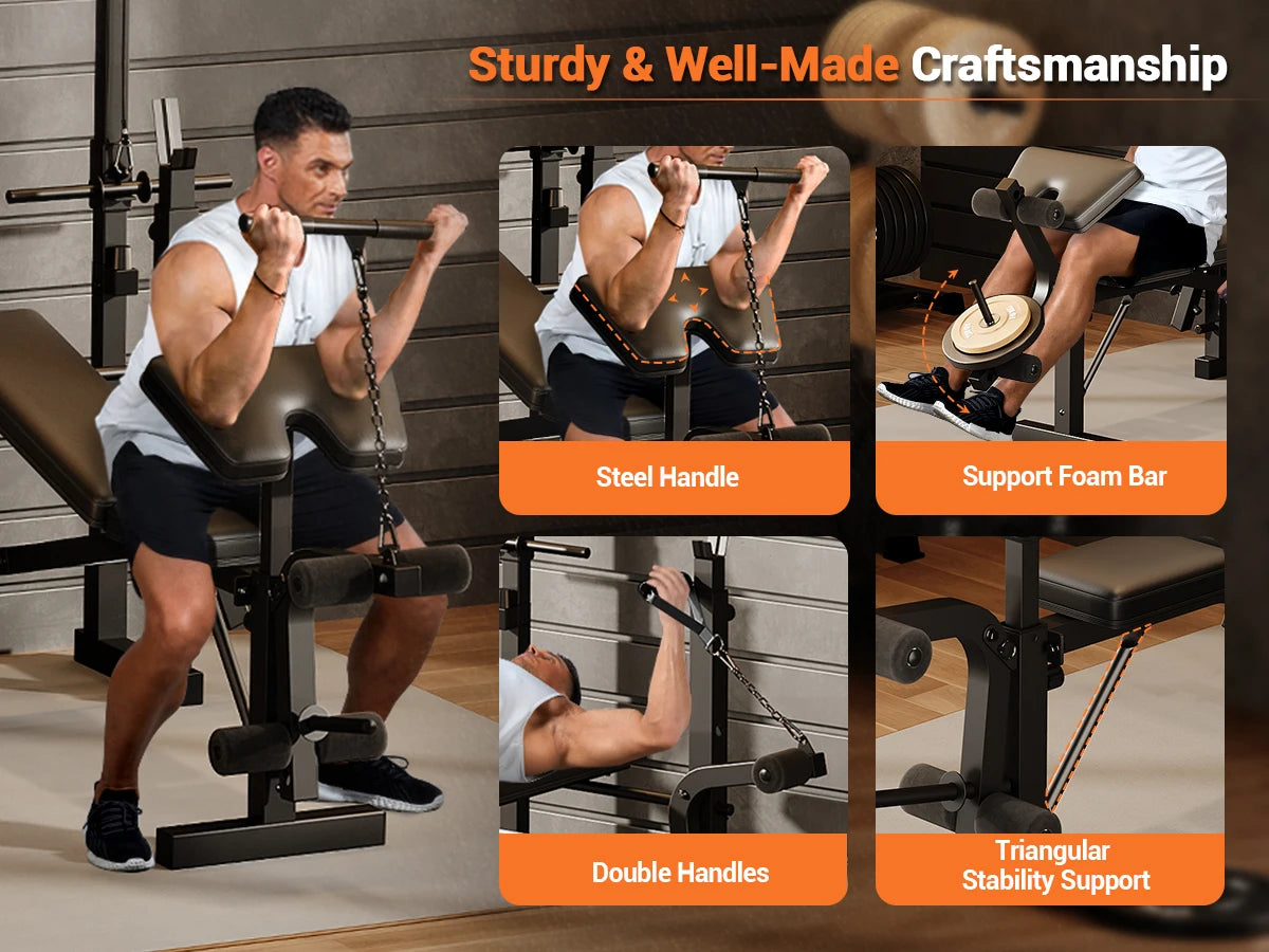 Adjustable 4-in-1 Weight Bench Set with Leg Developer Barbell Rack Butterfly Arm Preacher, Foldable Workout Bench for Home Gym