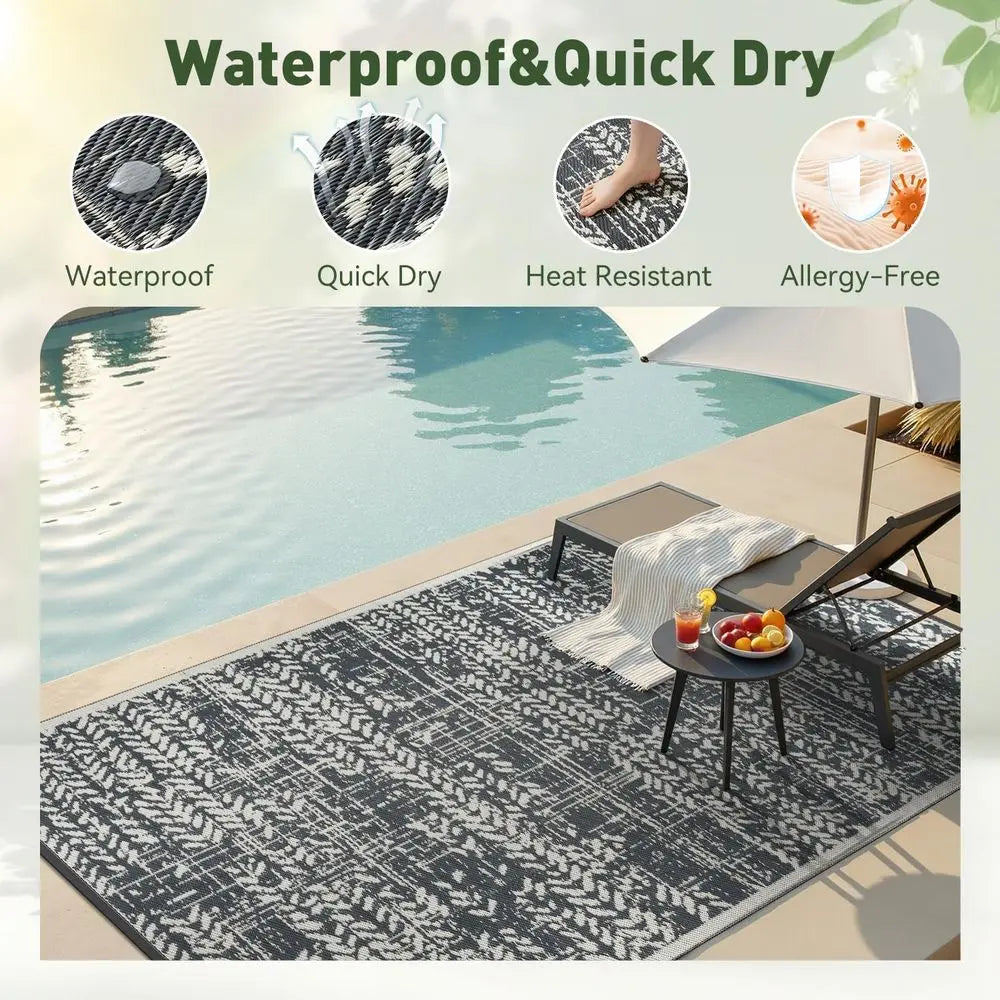 Waterproof Patio Rug Mat Outdoor RV Camping Picnic Beach Mat Plastic Straw Rugs Area Rugs for Balcony Deck Backyard Grey
