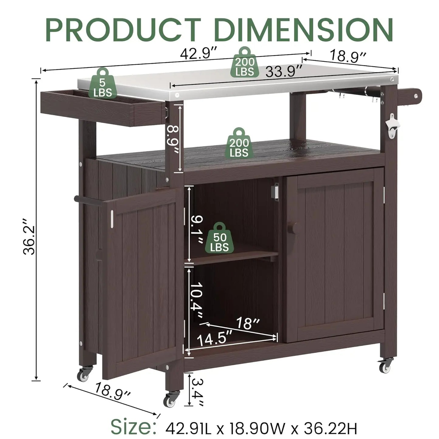 HIPS Outdoor Kitchen Island Stainless Top Cabinet Wheels BBQ Prep Brown, Customized