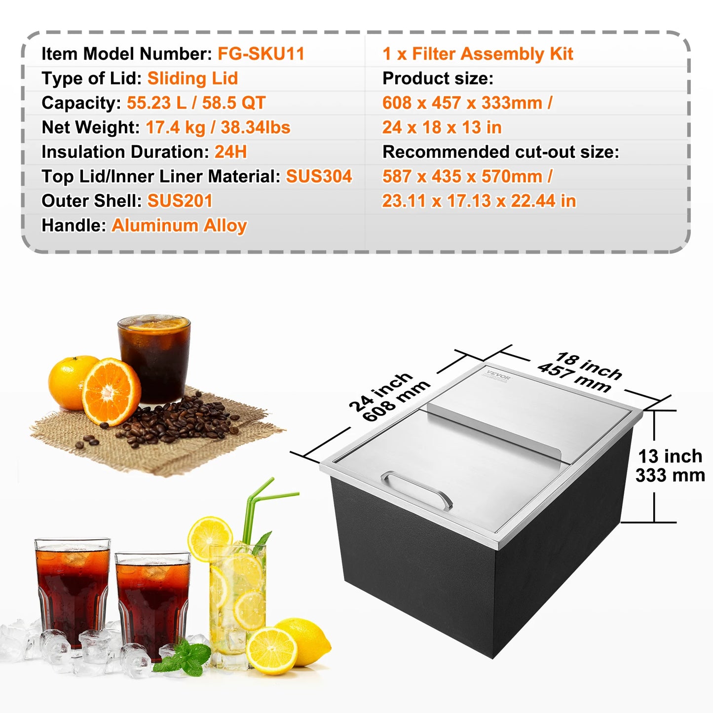 SucceBuy Drop in Ice Chest Stainless Steel Ice Cooler Commercial Ice Bin with Sliding Cover Outdoor Kitchen Ice Bar