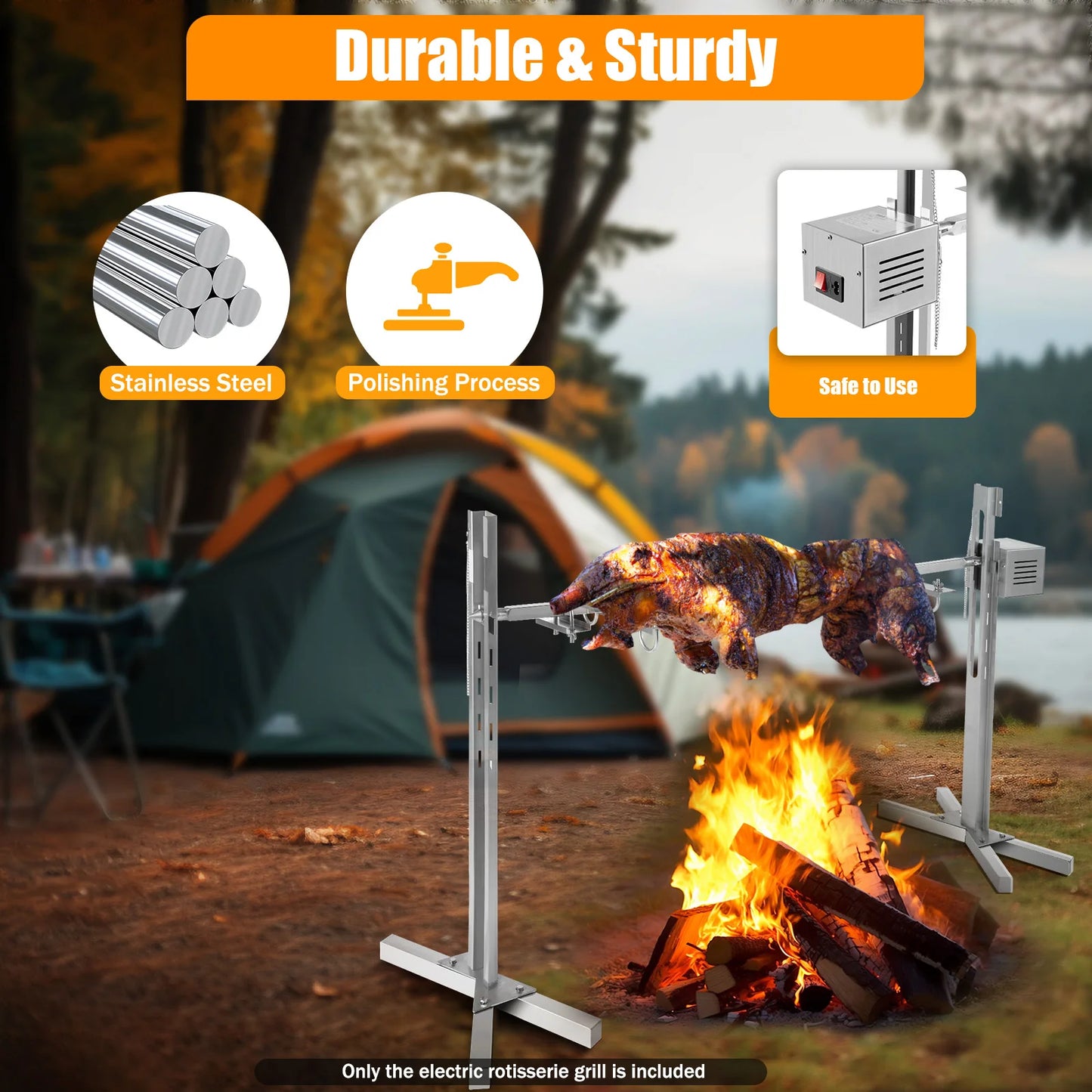 53" Automatic BBQ Rotisserie Grill Kit Height Adjustable Universal Roaster Stand Stainless Steel Hexagon Spit Rod for Pig Lamb