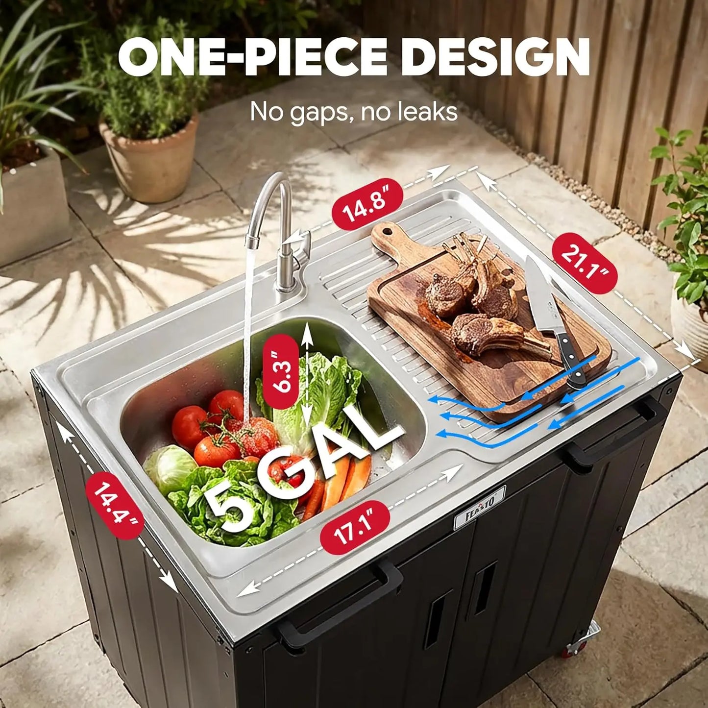 Outdoor Kitchen Island with Stainless Steel Sink and Storage Cabinet, 35-Inch BBQ Prep Station with Faucet & Lockable Wheels for