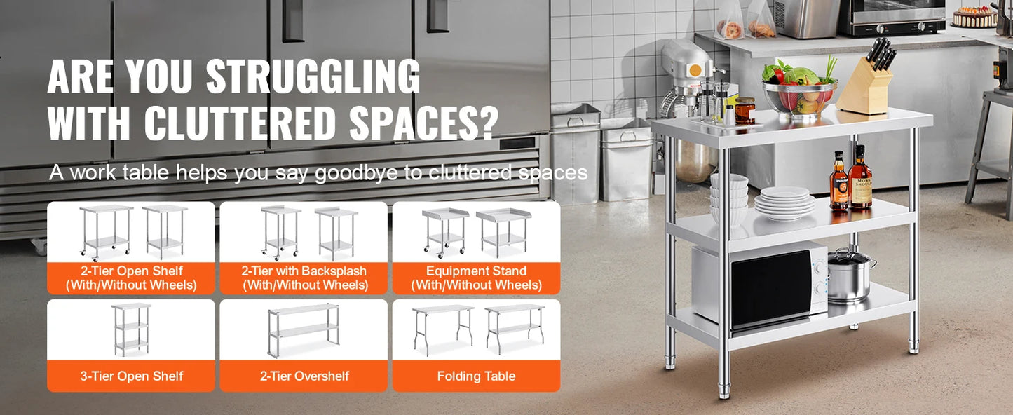 Stainless Steel Food Prep Table Commercial Kitchen Worktable with 2 Adjustable Undershelf for BBQ Kitchen Garage