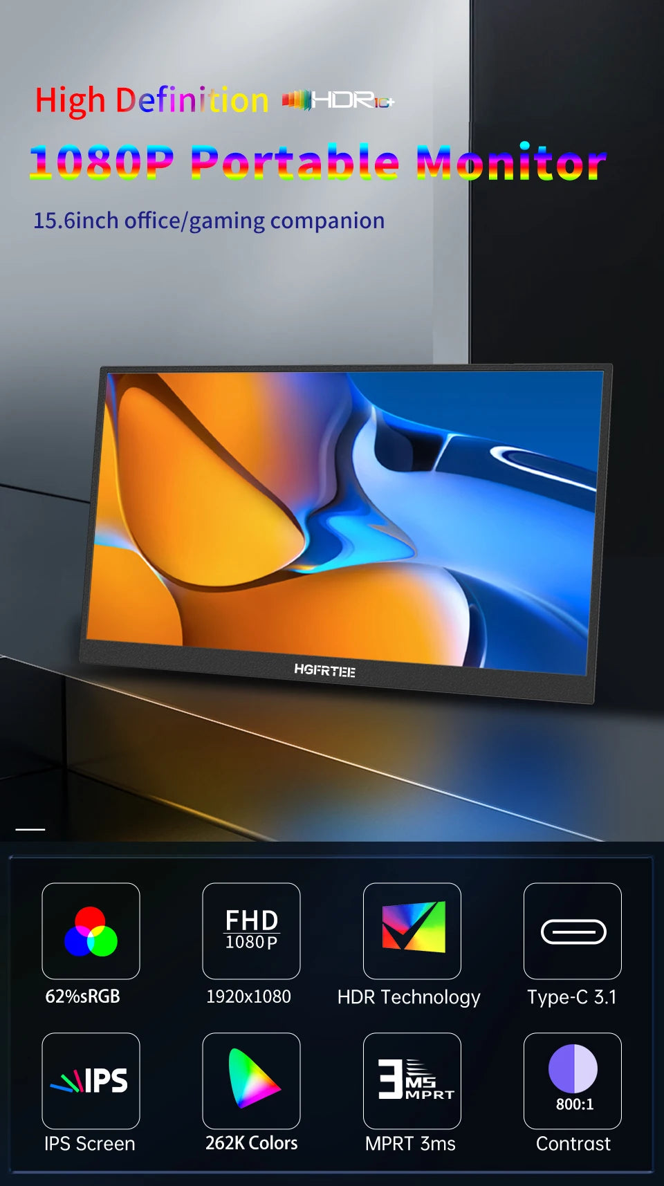 15.6 Inch Portable Monitor, FHD-IPS Laptop External Second Screen, Gaming Extended Display with Type-C HDMI