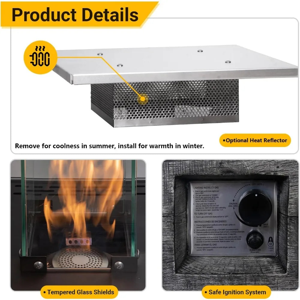 Outdoor Patio Propane Fire Heater with Weather Cover Glass 41000 BTU Fireplace Patented & CSA Certificated, Gray