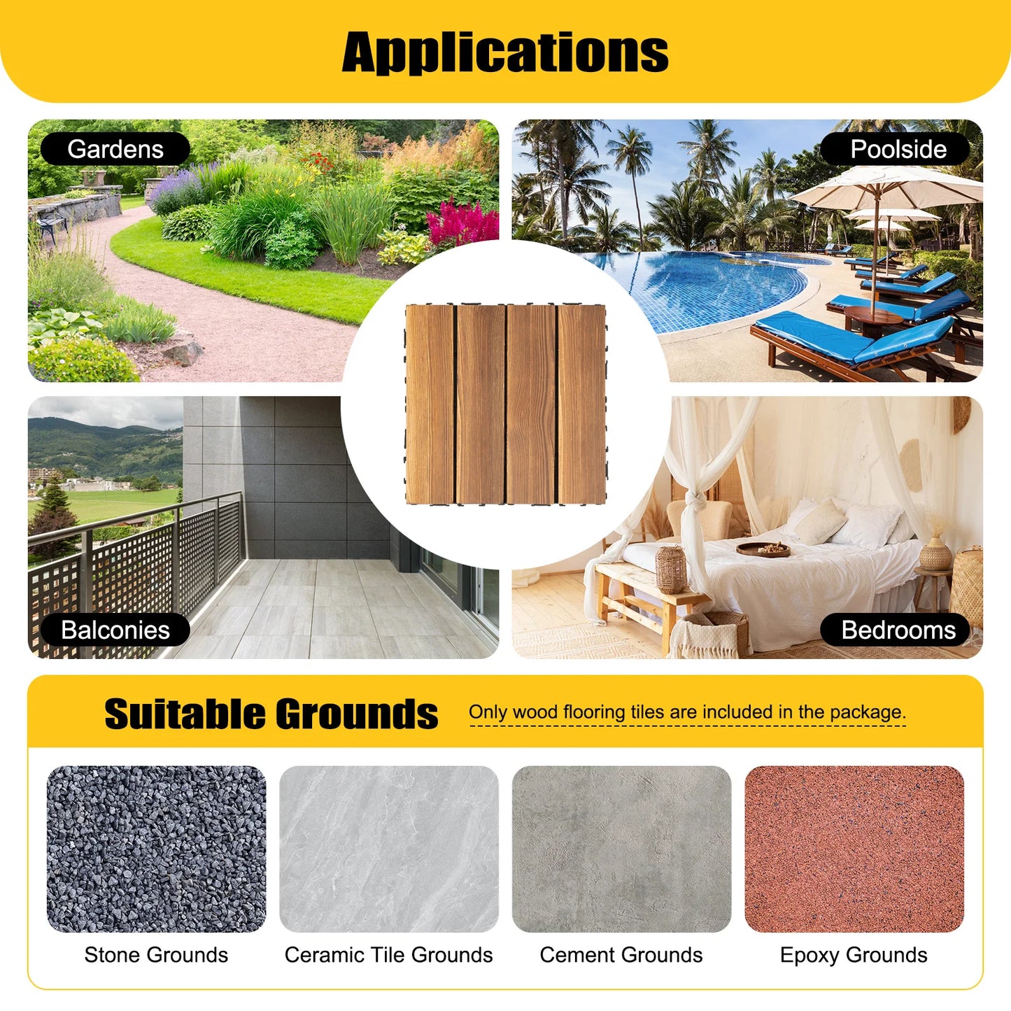 36 PCS 12"x12" Solid Wood Floor Tile Non-slip Waterproof Hardwood Interlocking Deck Tiles Garden Balcony Outdoor Flooring Decor