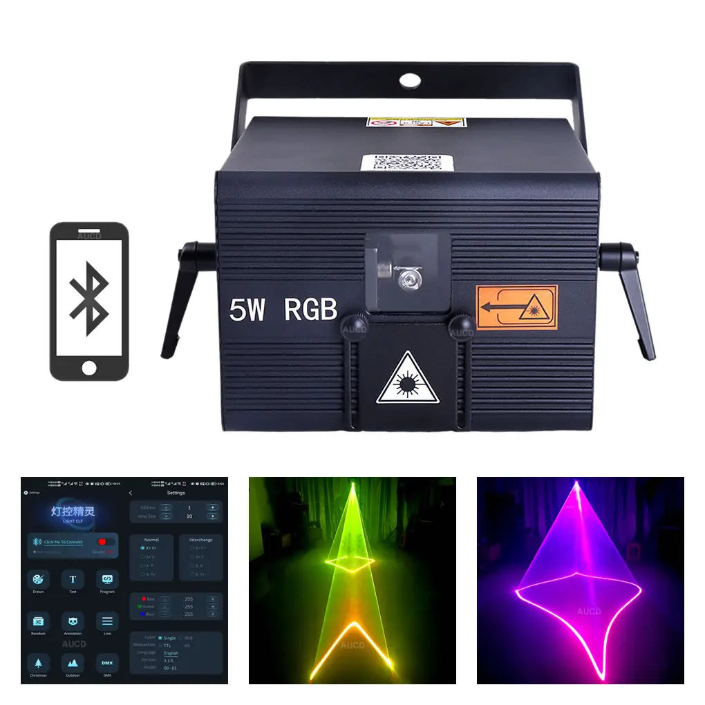 USA Warehouse 5W RGBW Animation Scan Projector Lights + Apple & Android App Control ILDA For Party Bars DJ Show Stage Lighting