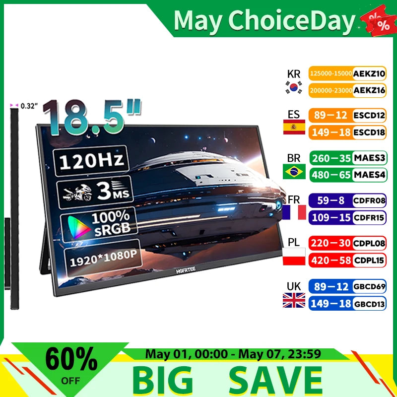 Portable Monitor 18.5 Inch Computer Gaming Display 100Hz 100% sRGB FHD 1080P Screen for Laptop Holiday Gift PC PS4/PS5
