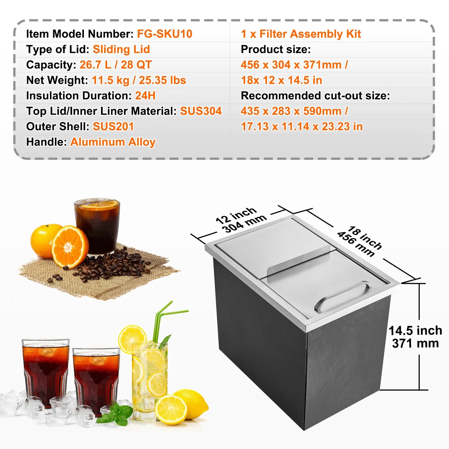 SucceBuy Drop in Ice Chest Stainless Steel Ice Cooler Commercial Ice Bin with Sliding Cover Outdoor Kitchen Ice Bar
