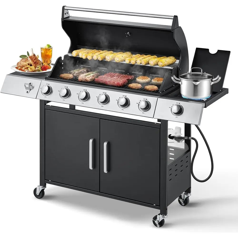 Upgraded 60,000 BTU Stainless Steel Burner Barbecue Grill, 6 Burner BBQ Propane Gas Grill with Side Stove & Cast Iron Grates for