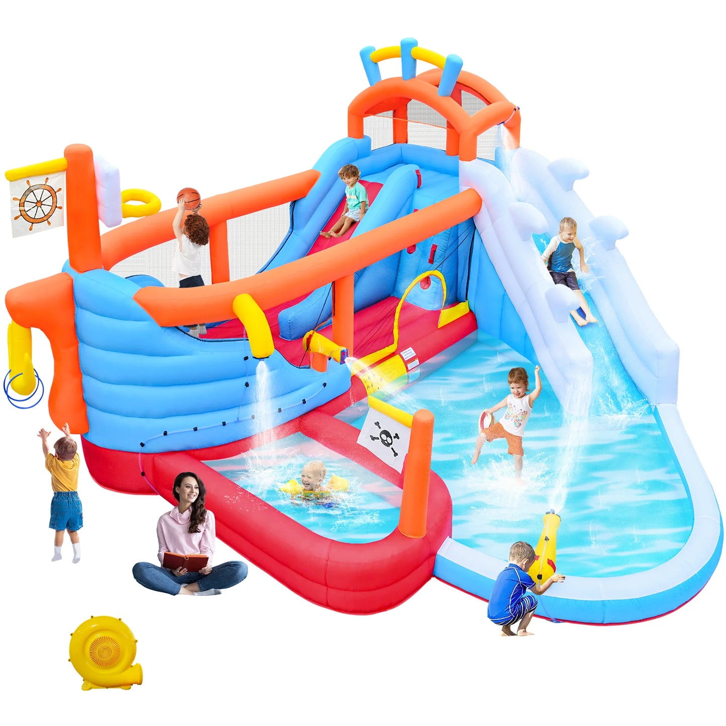 9-in-1 Inflatable Water Slide Park, Kids Bounce House with Jump Area, Dual Slides, Outdoor Backyard Party Inflatable Bouncy Cast