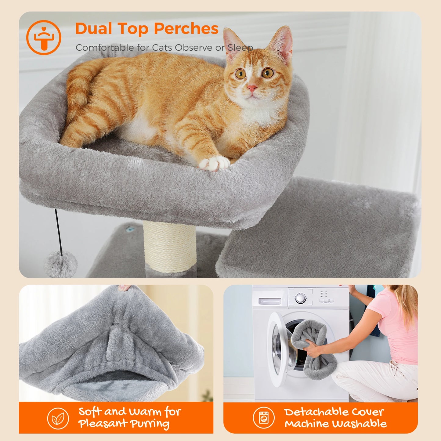6-levels Cat Tree Tower with Joyful Pompom,Cozy Hammock,Double Condos,2 Top Perches,5 Scratching Posts Perfect for Indoor Cats